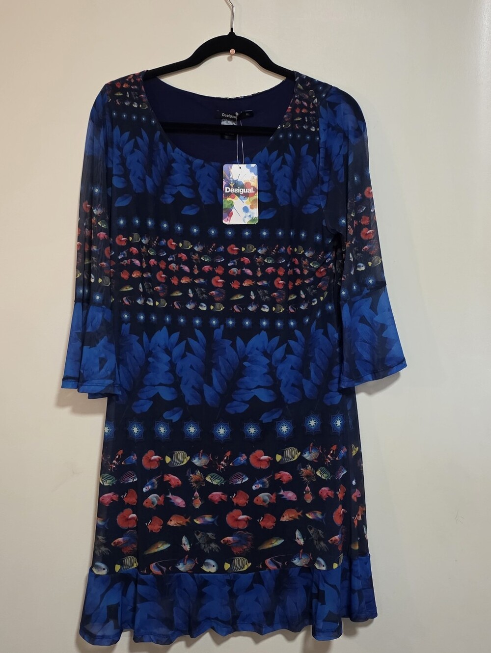 Desigual Navy Blue Floral & Fish-Print Long Sleeve Dress